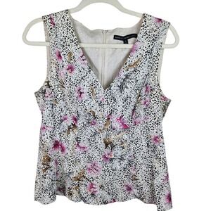 White‎ House Black Market Floral Leopard Sleeveless V Neck Top Size 8